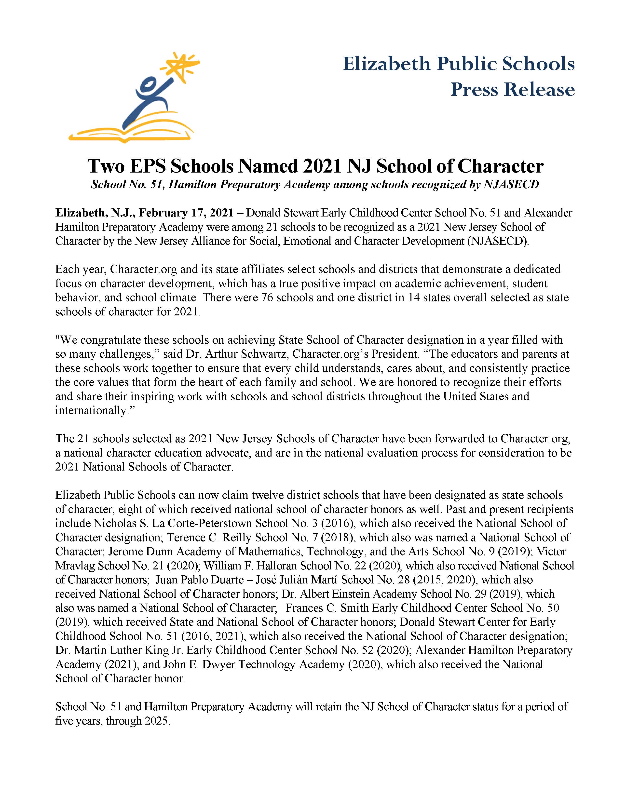 Two Eps Schools Named 21 Nj School Of Character