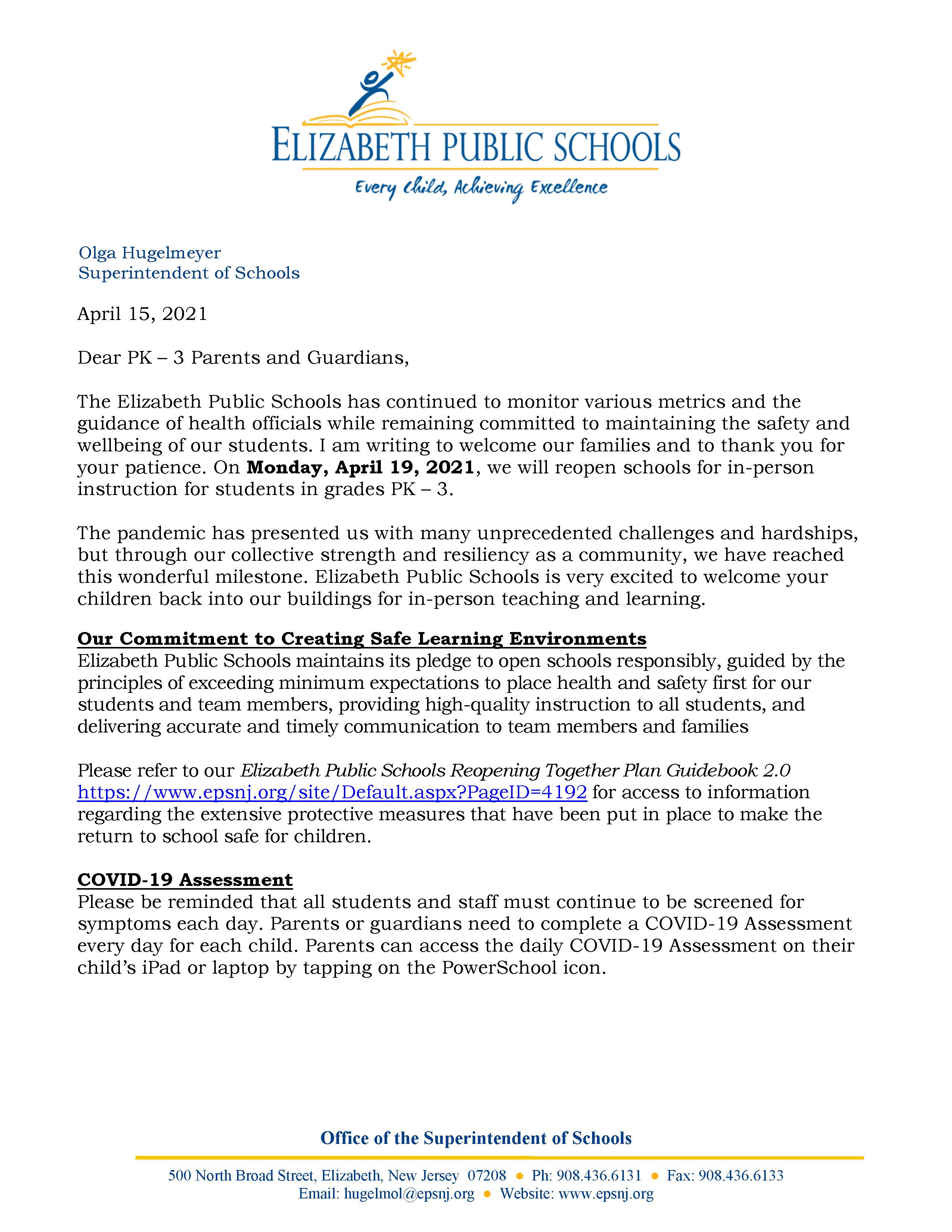 Letter To Parents Guardians Welcome Back To In Person Learning Pk 3 Students 4 15 21 Letter To Parents Guardians Welcome Back To In Person Learning Pk 3 Students 4 15 21