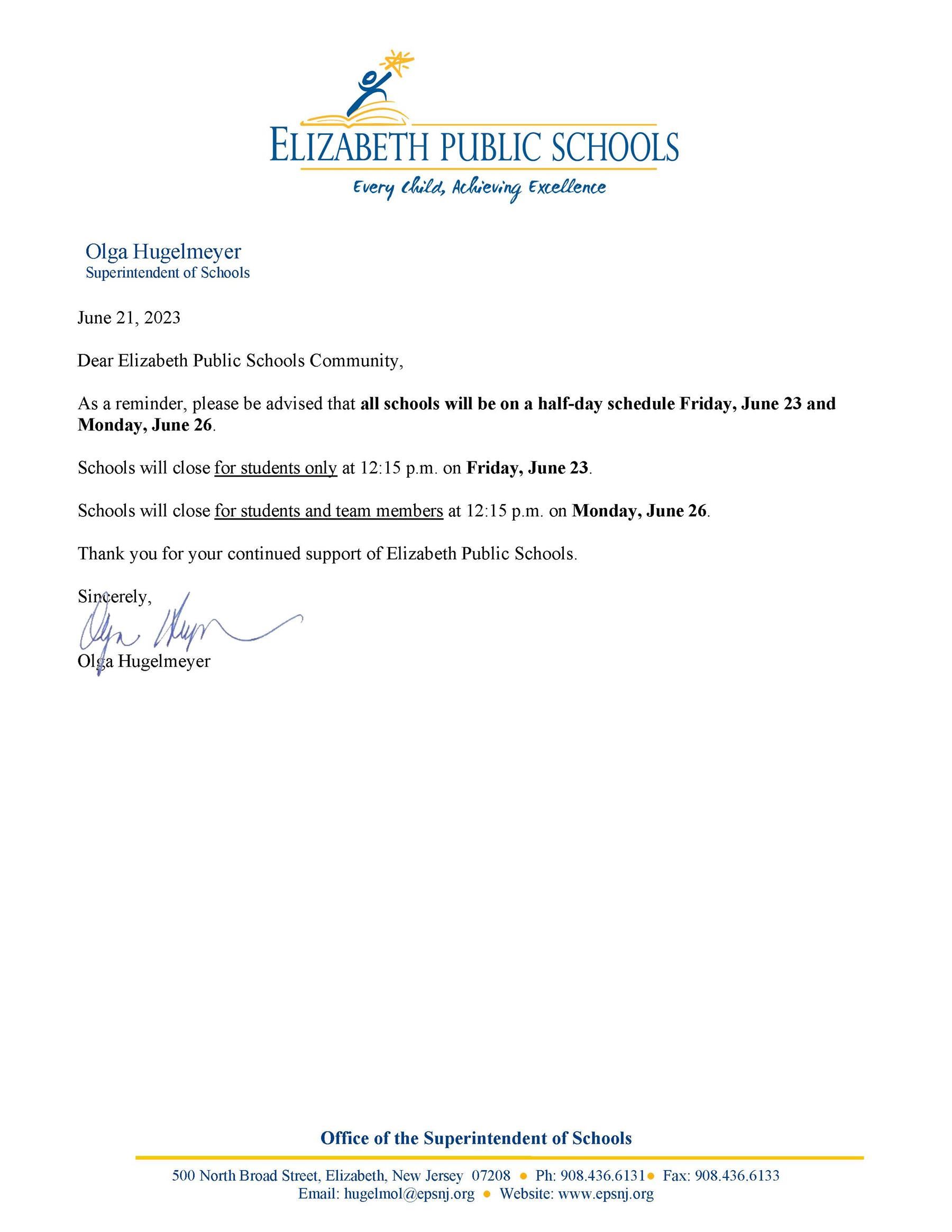 Letter to EPS families- Half Days of School for Students on June 23 and June 26- 6-21-23