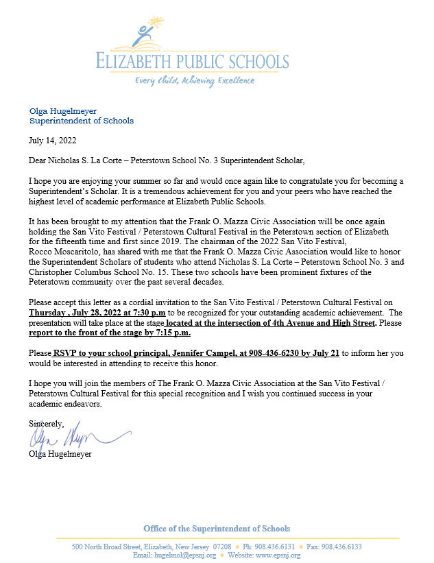San Vito Festival- Superintendent Scholars