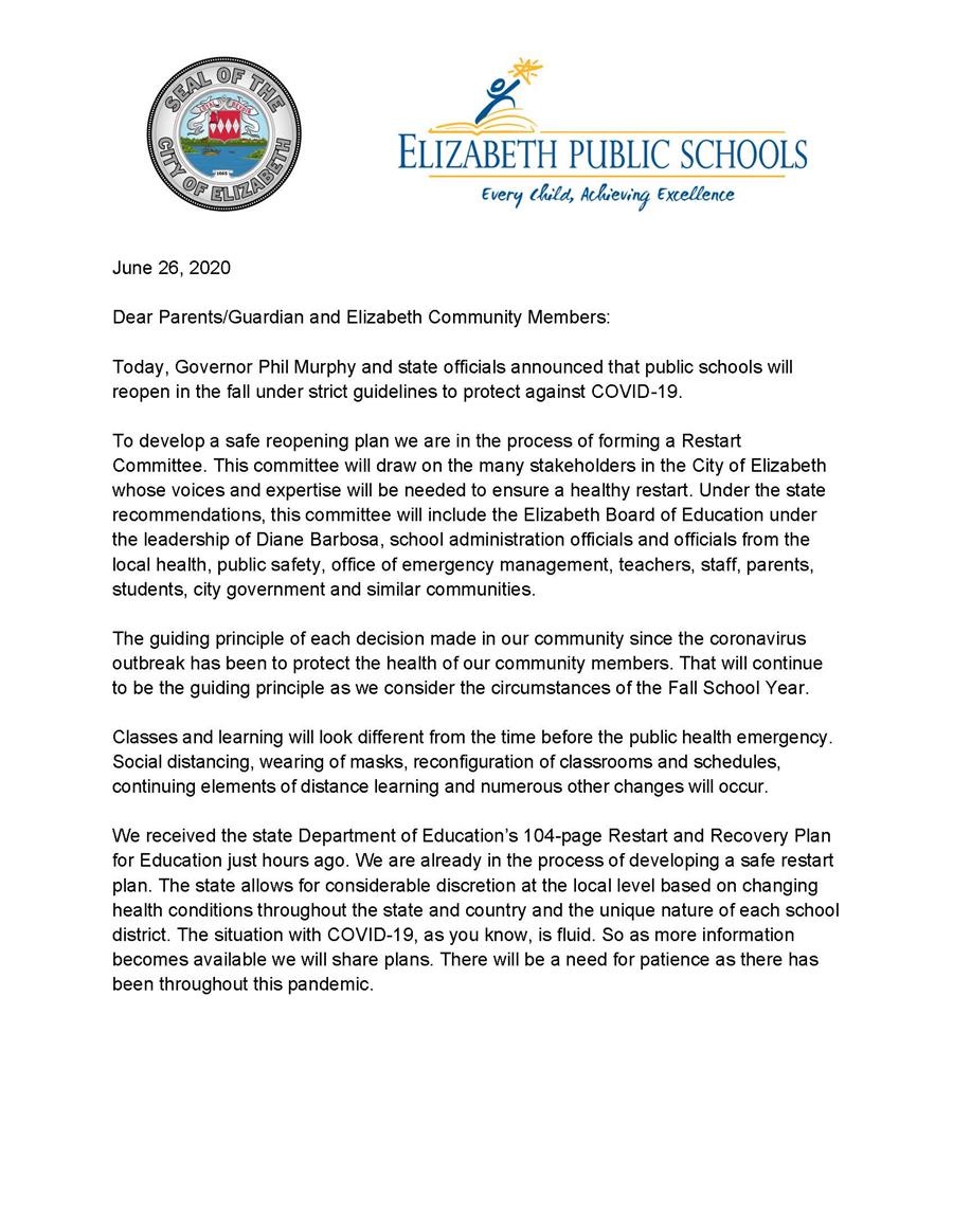 CoronavirusLetterfromMayorandSuperintendent-RestartofSchoolsfor20-21SY-6-26-20 1 