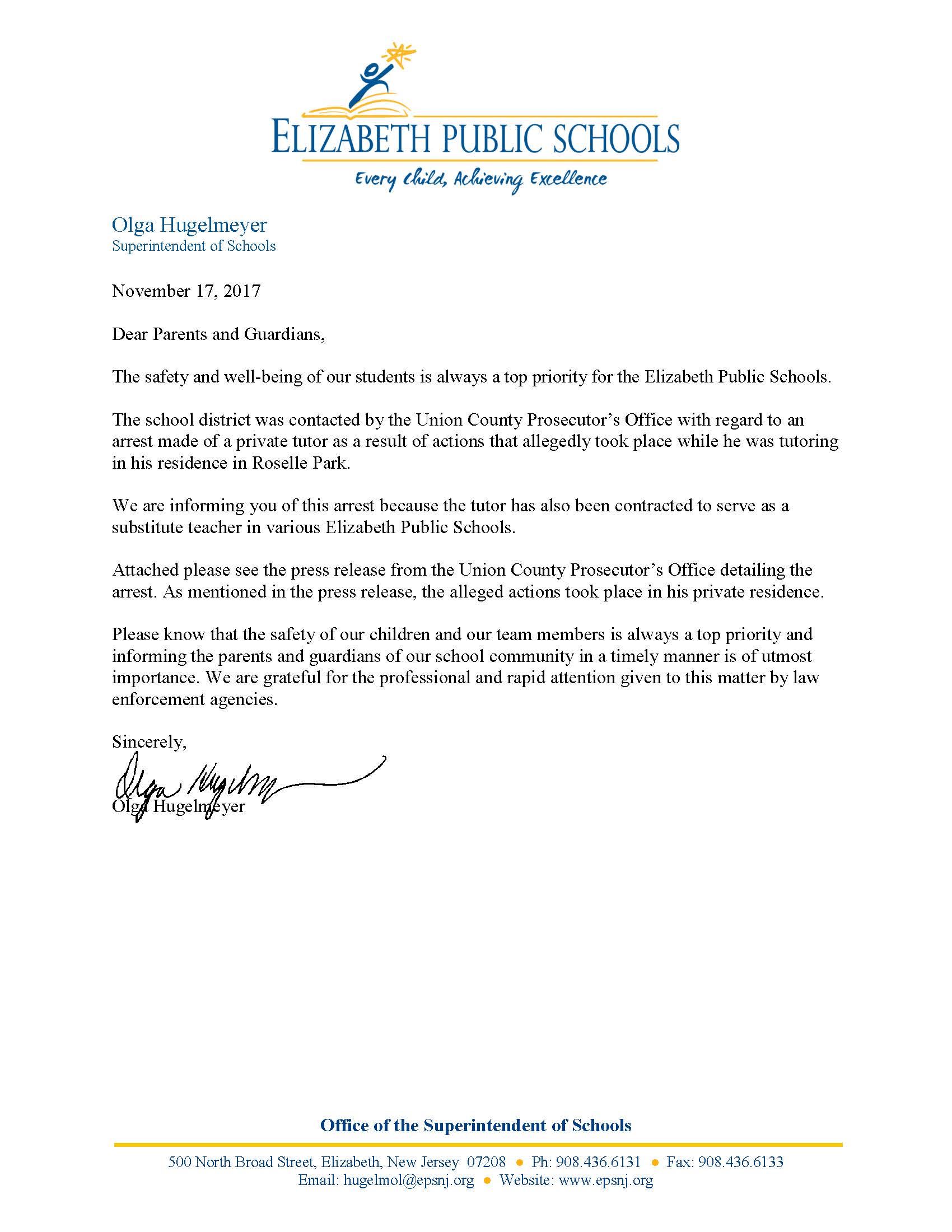 School district statement parent notification teacher arrest