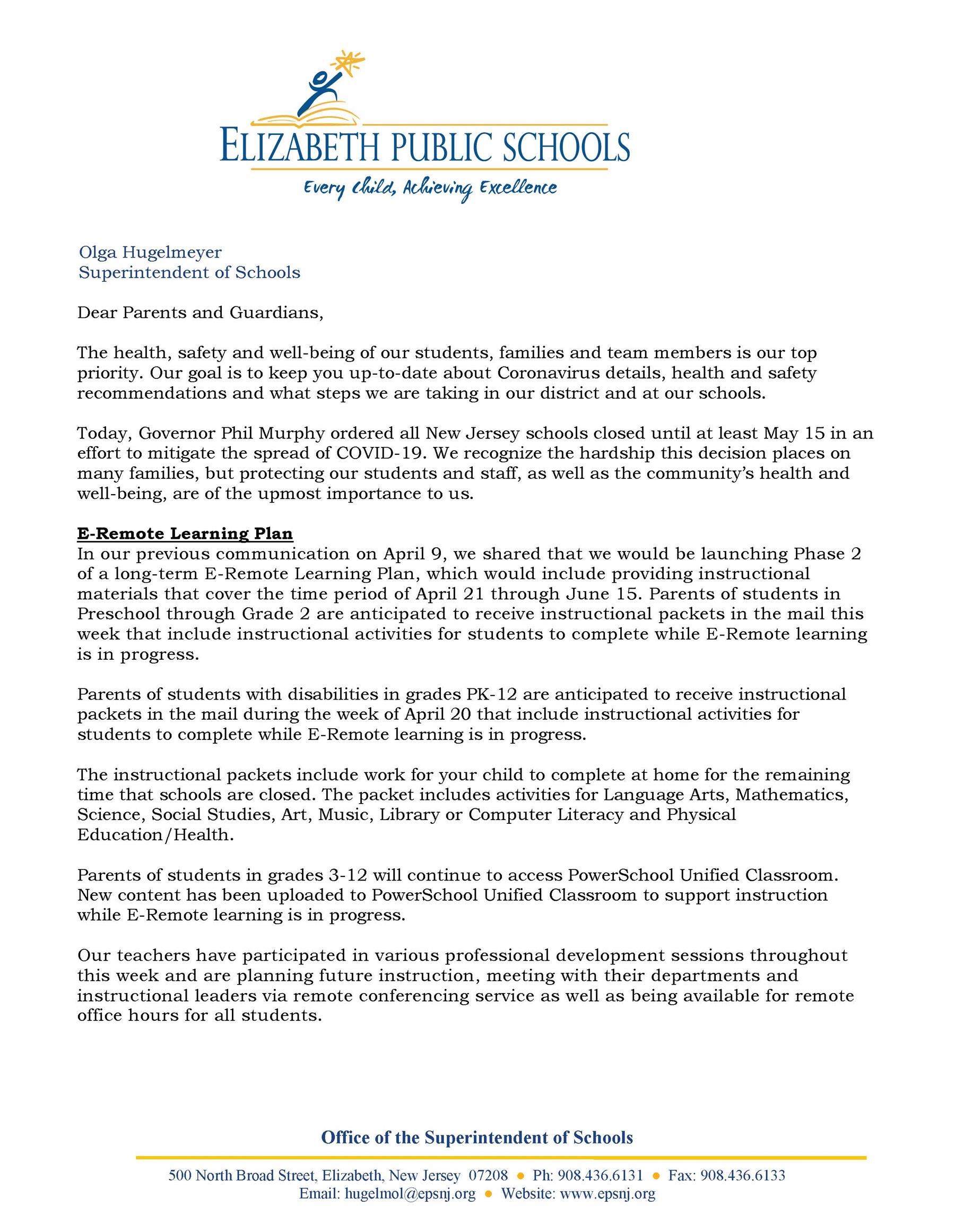 Letter to Community- Coronavirus Update- 4-16-201 