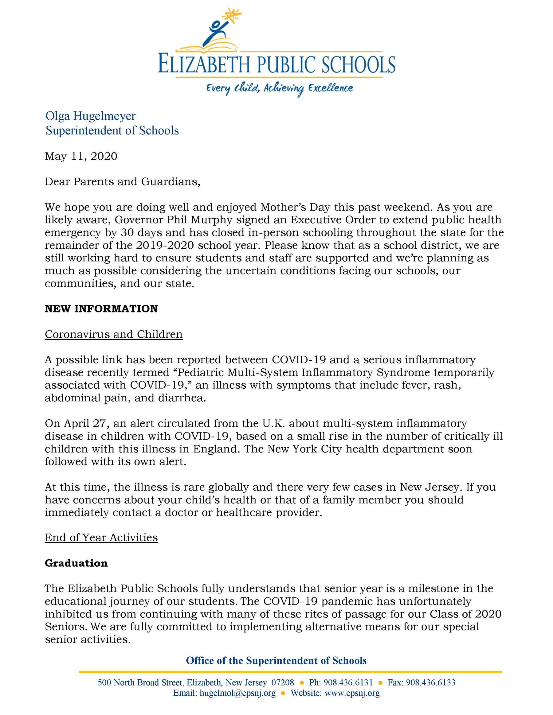 Letter to Community- Coronavirus Update- 5-11-20 
