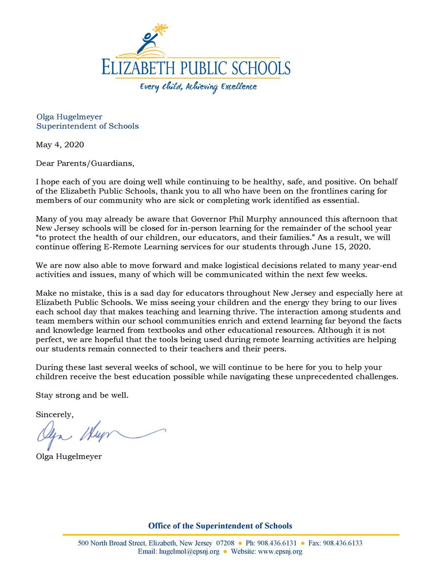 5-4-20 Letter to Parents-Guardians About Closing of Schools for Rest of 19-20 School Year- 5-4-20 