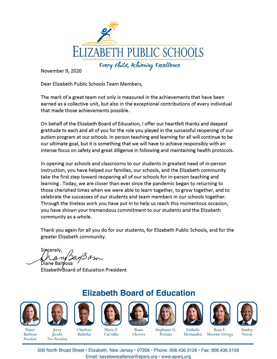 Thanks to EPS Team Members for the Successful Opening of Schools for the EPS Autism Program- 11-9-20 