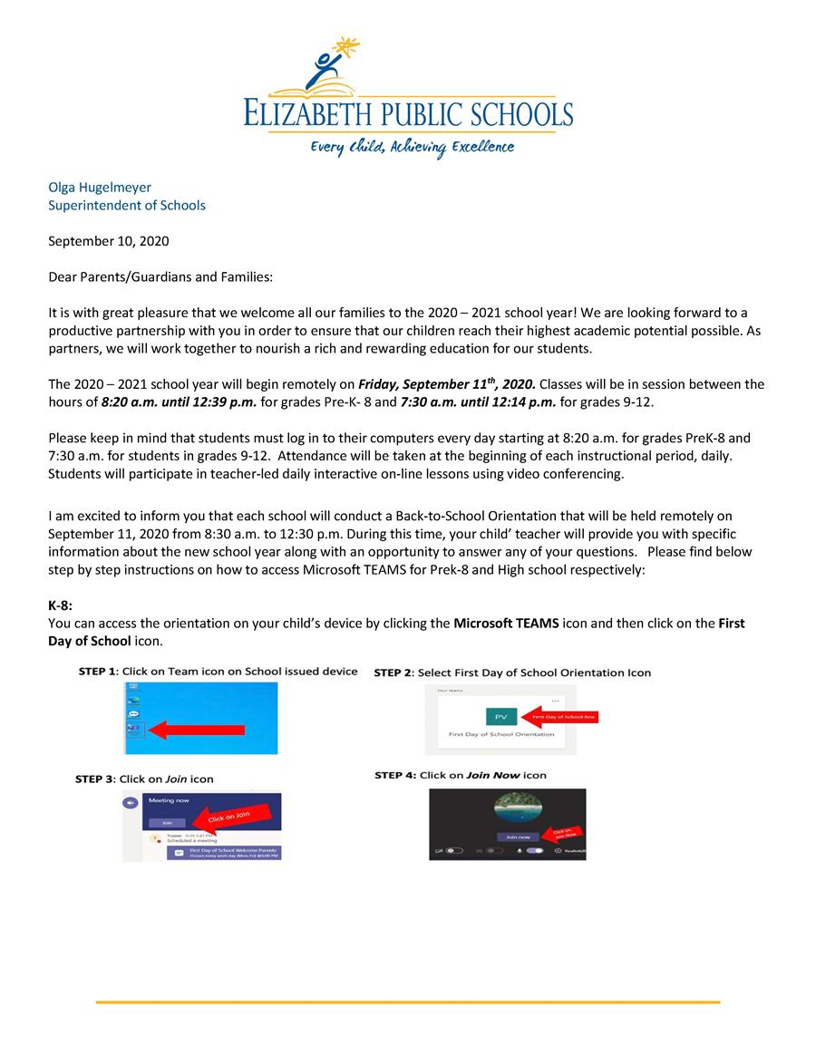 Superintendent S Welcome Back Letter To Parents 9 10 20