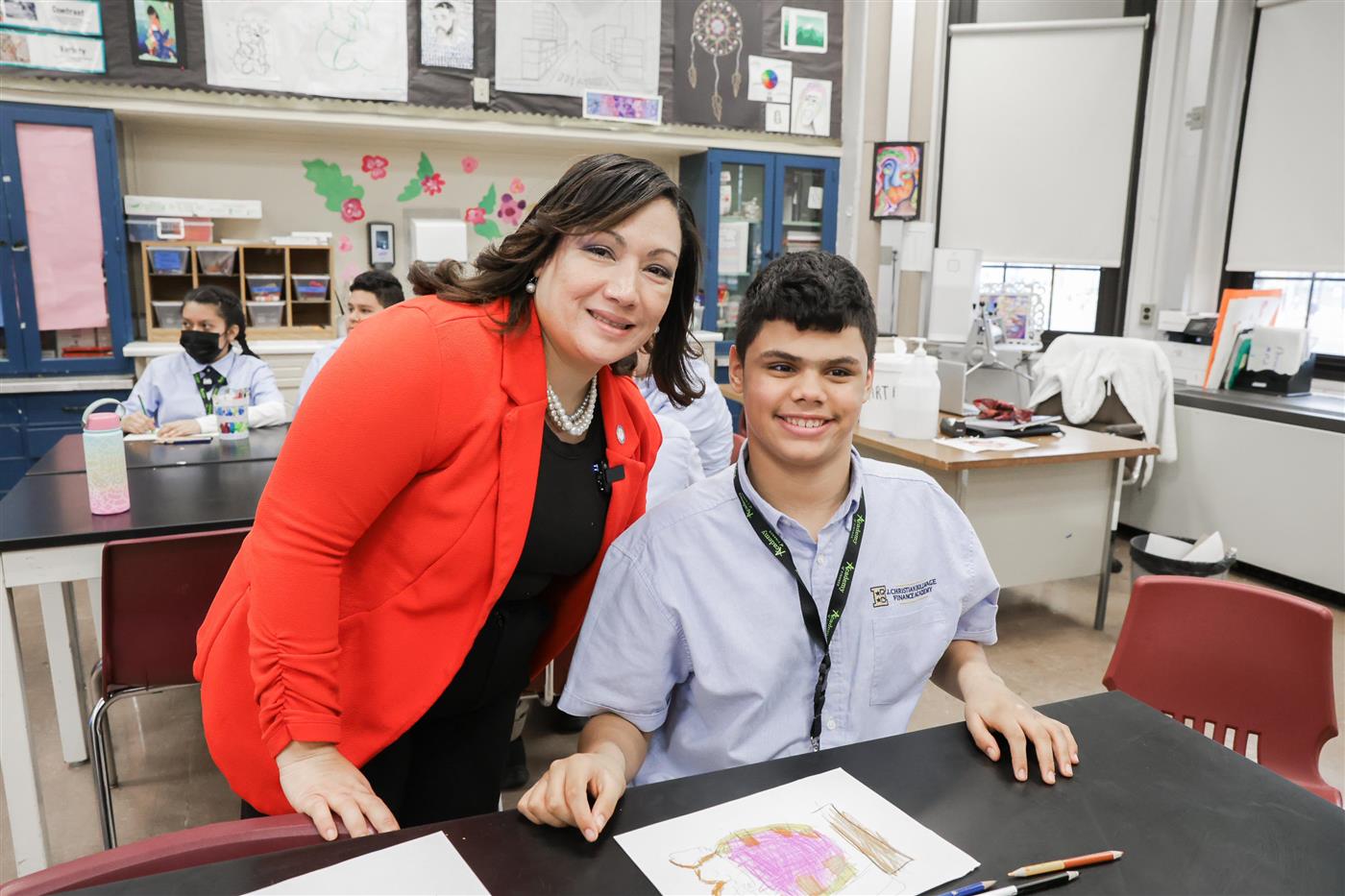 Board President Iliana Chevres visits J. Christian Bollwage Finance Academy